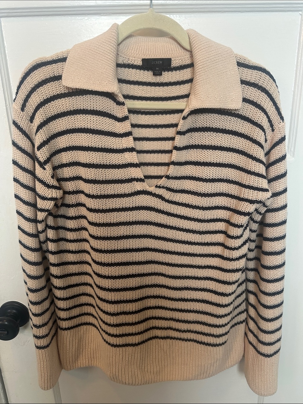 J. Crew Cream and Black Striped V‑Neck Collared Sweater